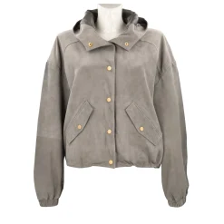Giubbotto in pelle scamosciata con cappuccio colore verde